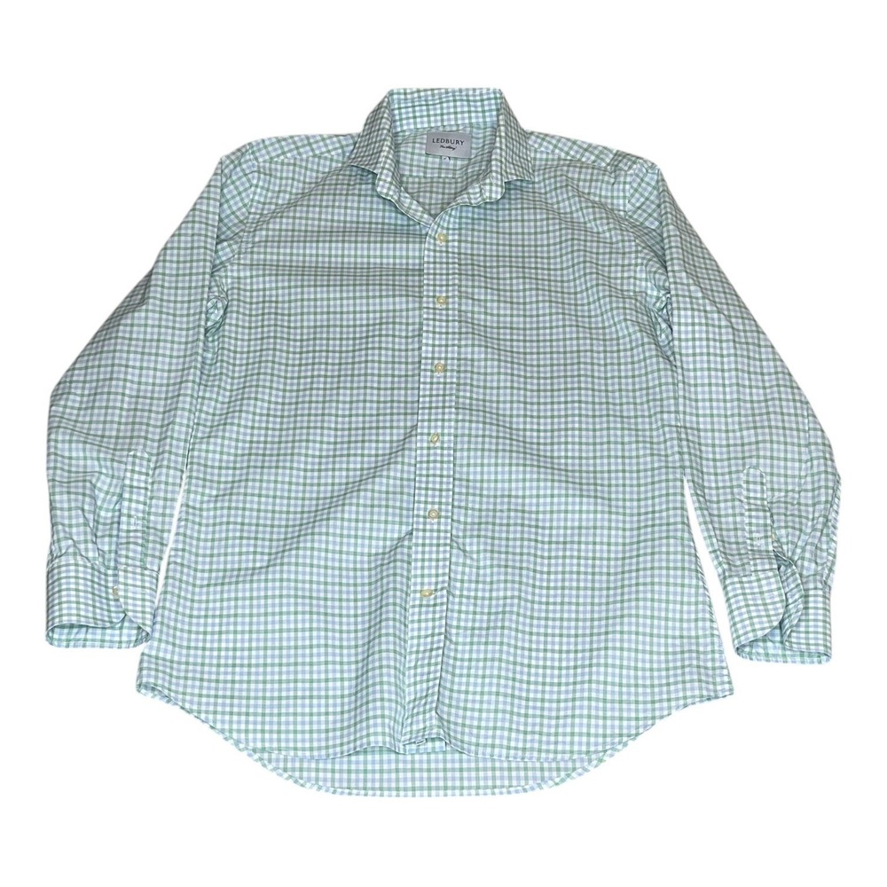 Ledbury‎ Mens XL Green Blue Gingham Check Long Sleeve Spread Collar Dress Shirt